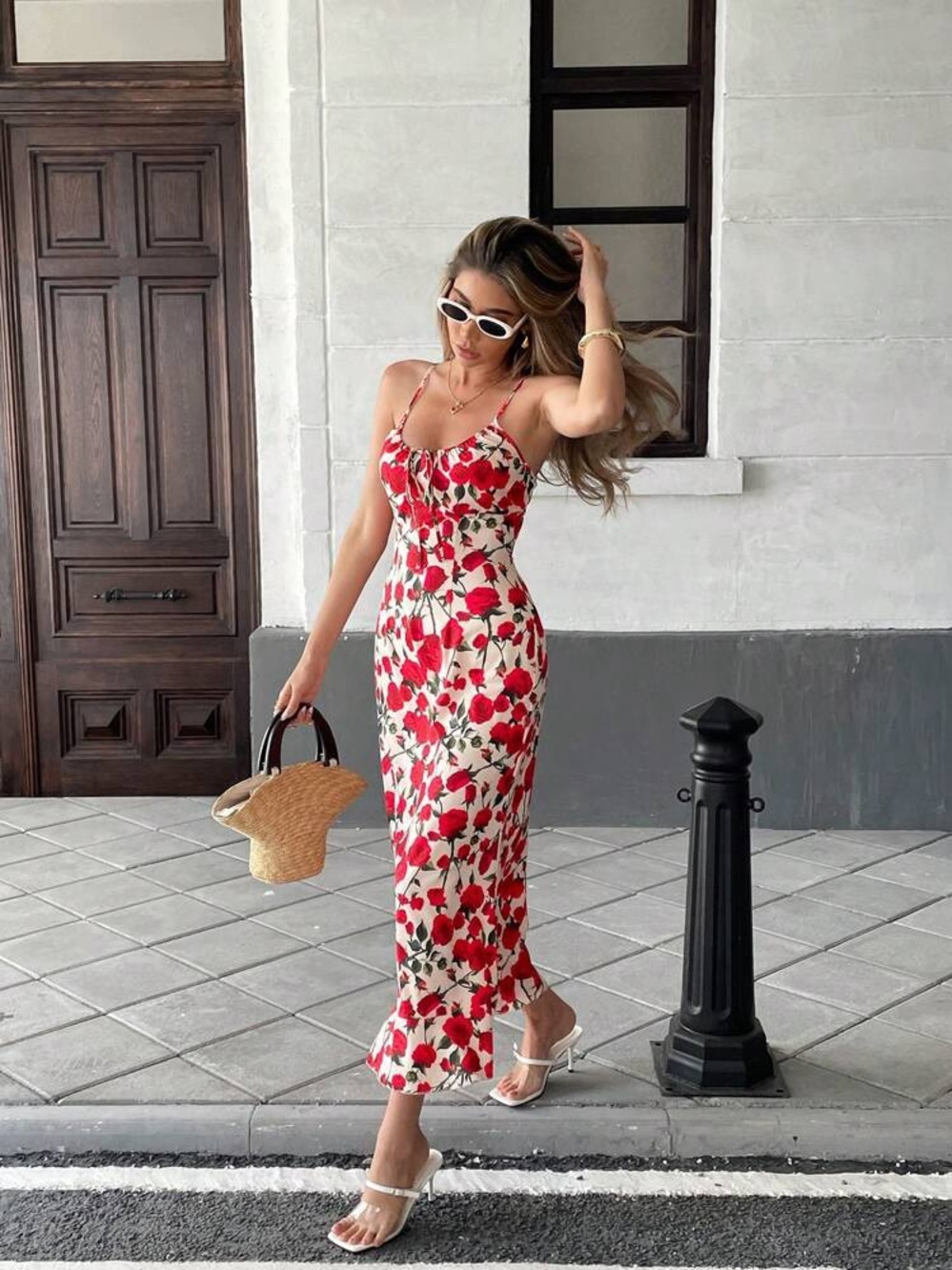 SHEIN Red & White Floral Slip Midi Dress